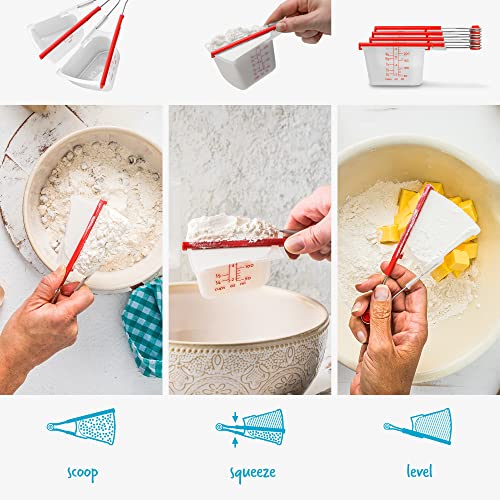 Dreamfarm Levups | Scraping Self-Leveling Measuring Cups | Set of 4 Cups | Red + Clear
