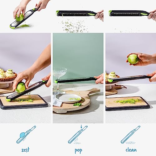 Dreamfarm Ozest Self-Cleaning POP-Button Zester for Fine, Fluffy Citrus Zest, Cheese, Nut, & Spices with Non-Slip Silicone Foot - 1mm Zester, Black/Green