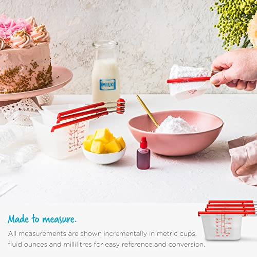 Dreamfarm Levups | Scraping Self-Leveling Measuring Cups | Set of 4 Cups | Red + Clear