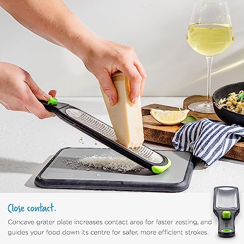 Dreamfarm Ozest Self-Cleaning POP-Button Zester for Fine, Fluffy Citrus Zest, Cheese, Nut, & Spices with Non-Slip Silicone Foot - 1mm Zester, Black/Green