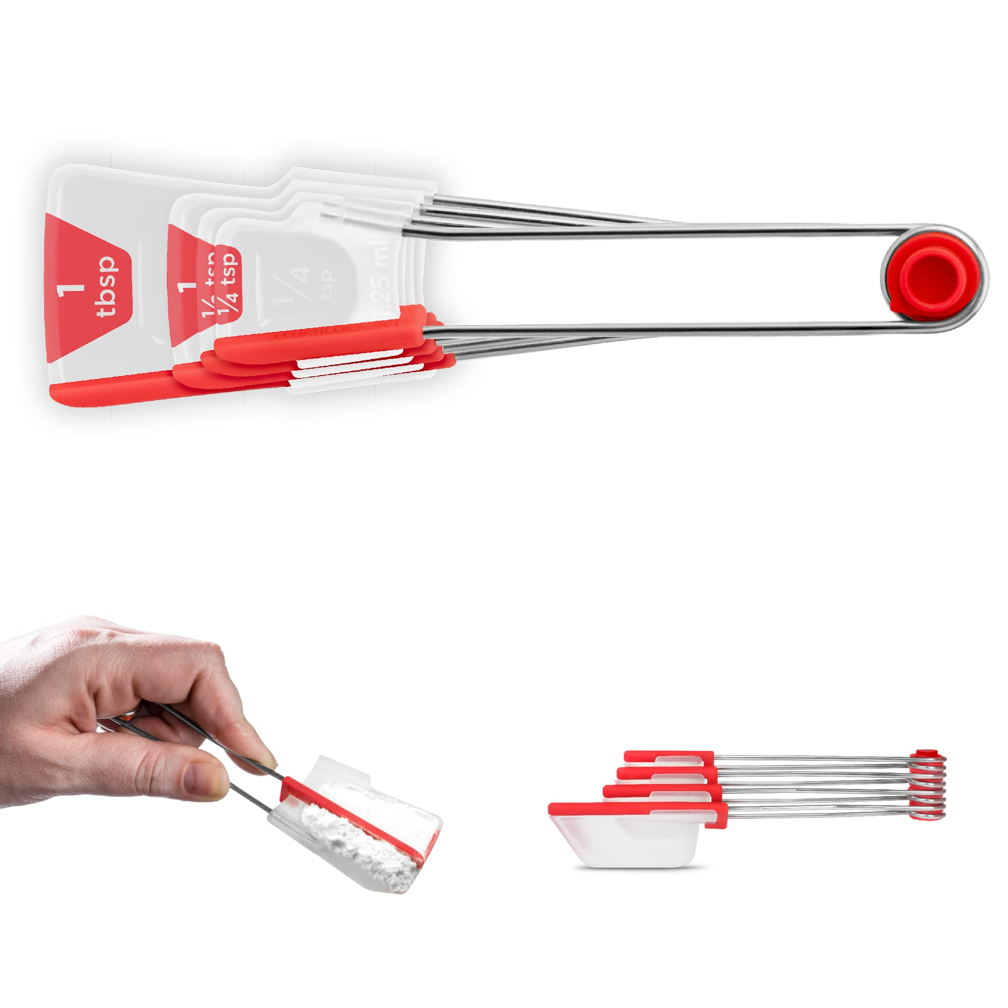 Dreamfarm Levoons Self-Levelling Measuring Spoon Set, Measures 1/4 Teaspoon up to 1 Tablespoon - Pack of 4, Red