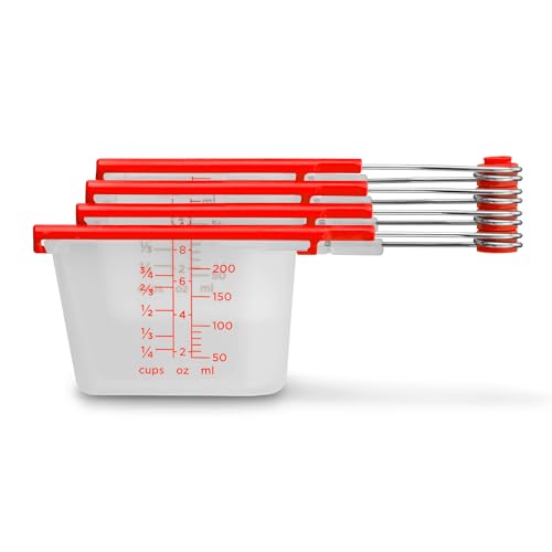 Dreamfarm Levups | Scraping Self-Leveling Measuring Cups | Set of 4 Cups | Red + Clear